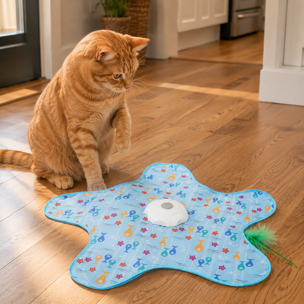 Cat watching the play mat on a wooden kitchen floor