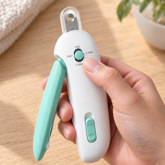 Adjustable cat nail clipper held in one hand, showing the 1MM to 3.5MM adjustment dial and the OPEN/LOCK slide switch