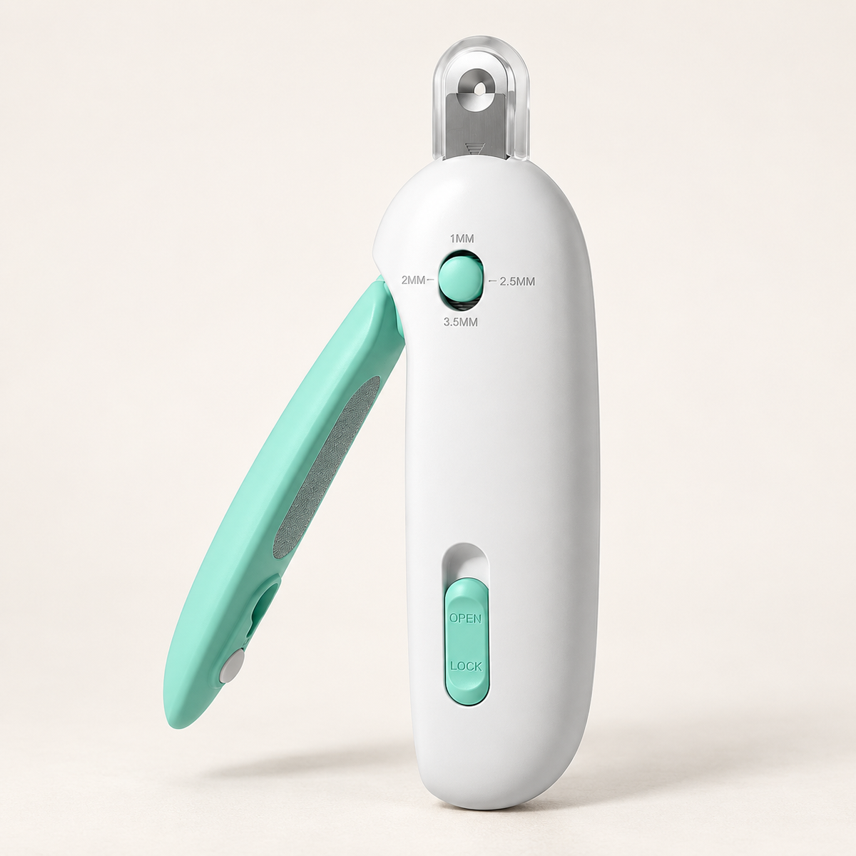 Cat nail clipper with the handle swung open, showing the nail file hidden on the inside of the handle