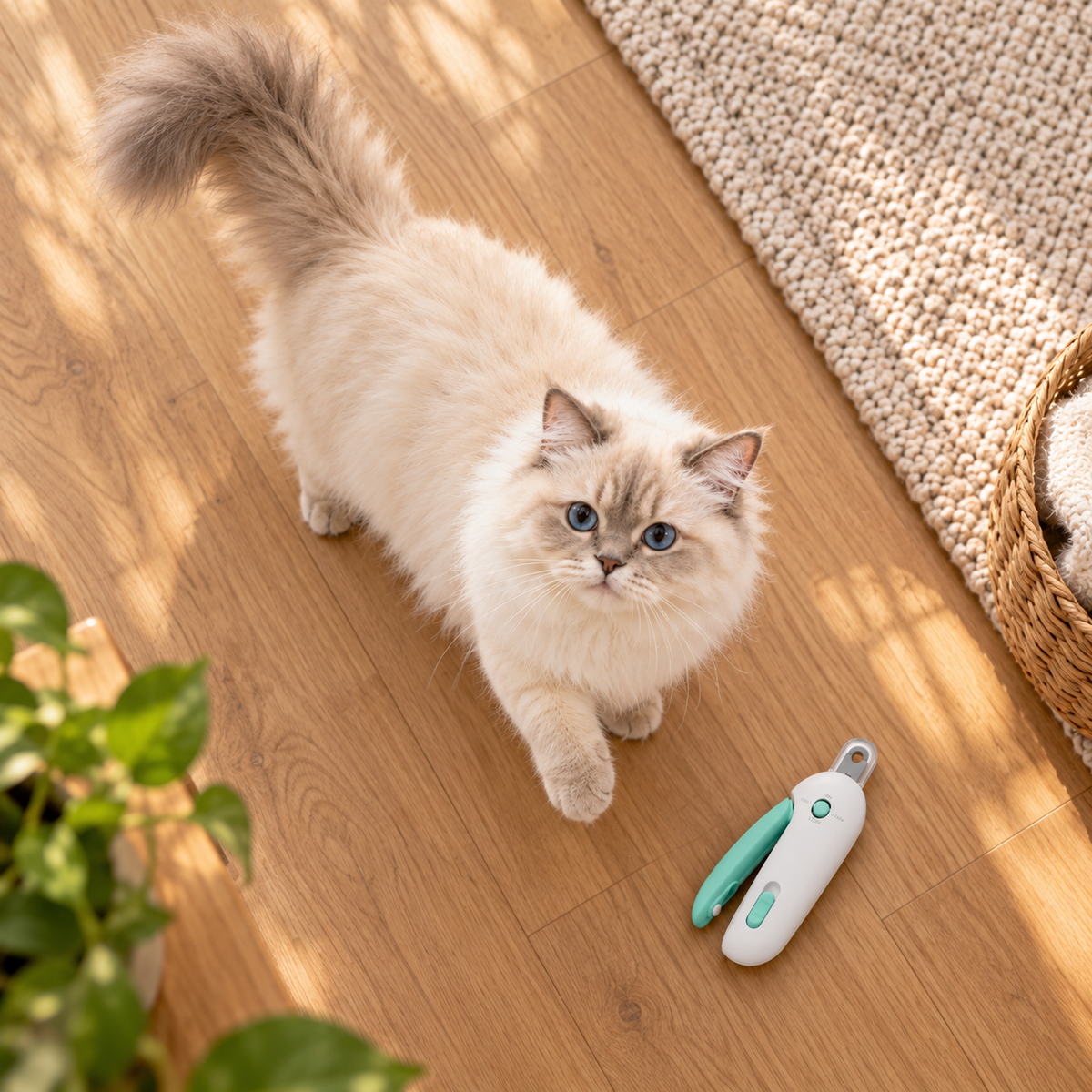 Overhead view of a cream colour-point cat walking on a wooden floor next to the cat nail clipper