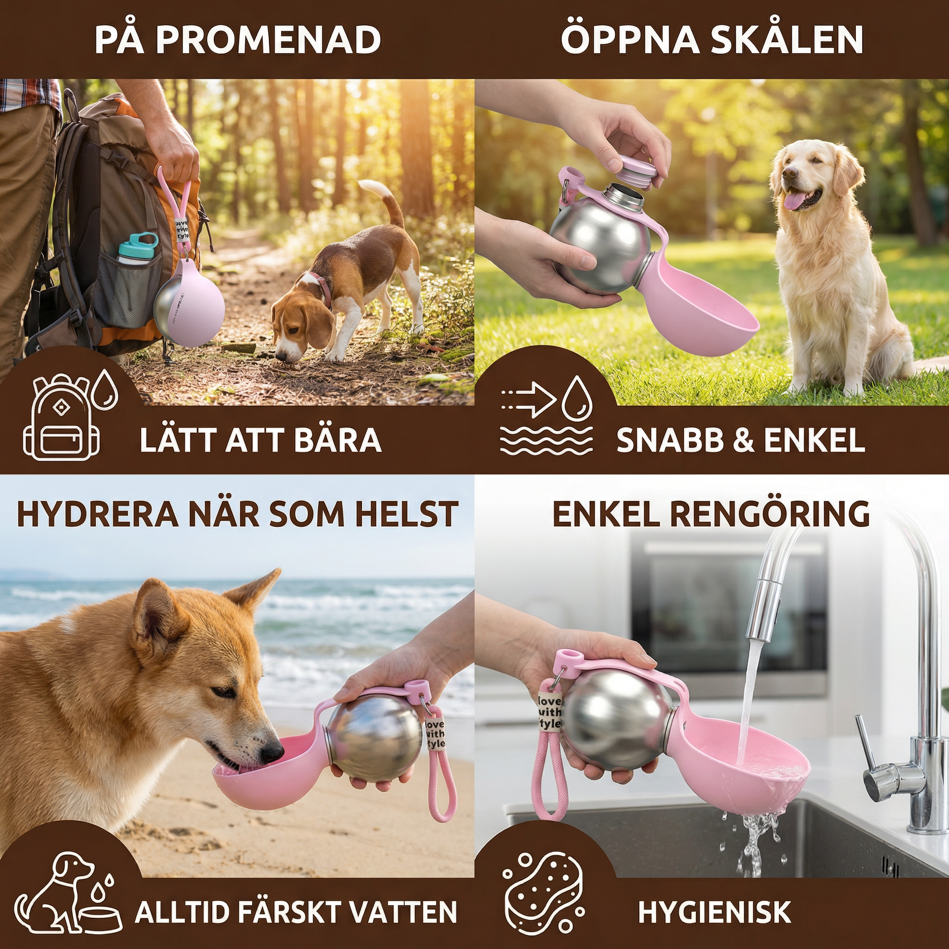 Four Swedish panels showing the bottle on a walk, opening, refilling and cleaning
