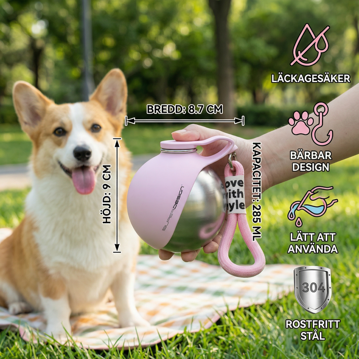Corgi beside the pink bottle with Swedish labels and its size: 8.7 cm wide, 9 cm deep, 285 ml