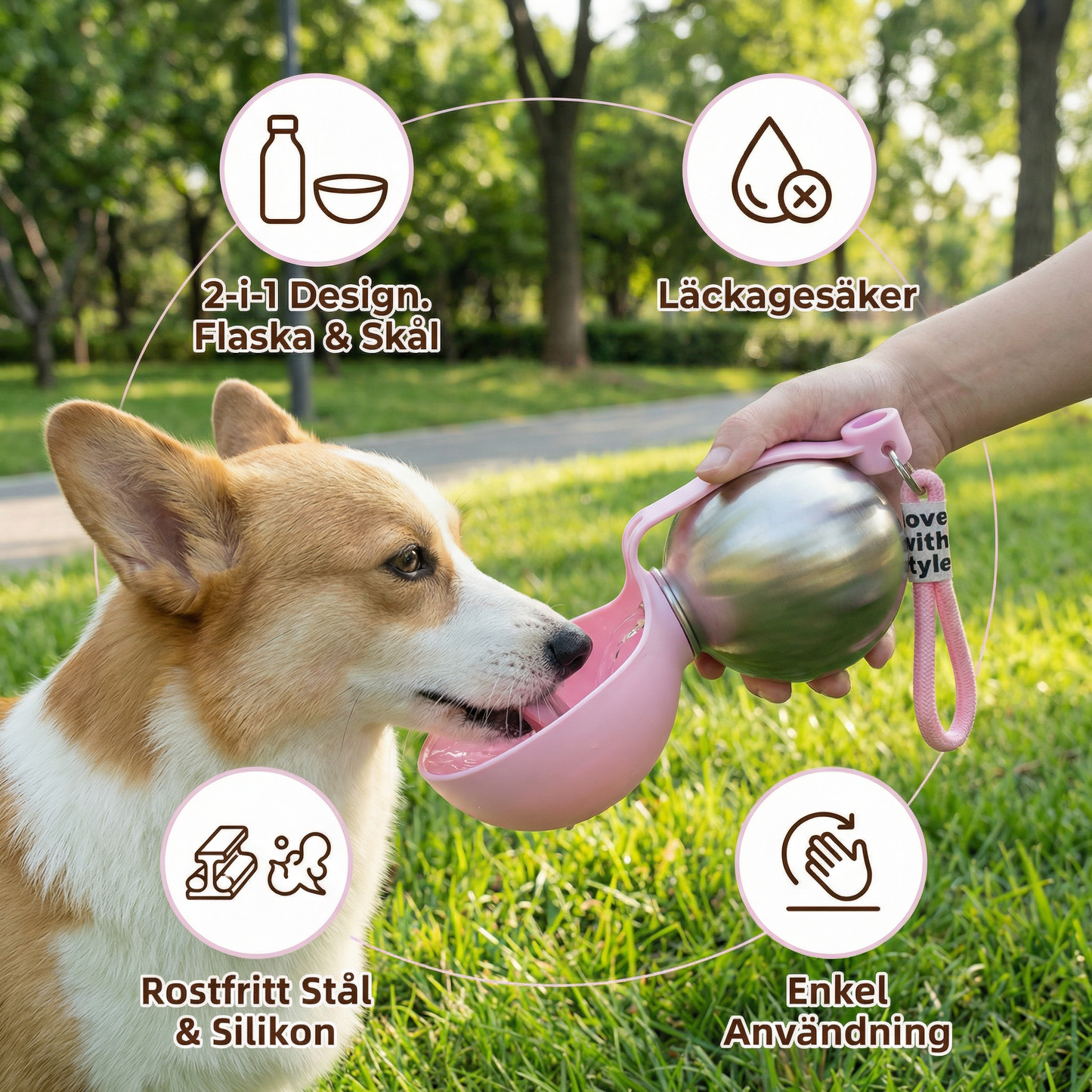 Corgi drinking from the pink travel bottle, with Swedish feature labels around it
