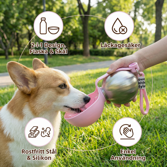 Corgi drinking from the pink travel bottle, with Swedish feature labels around it