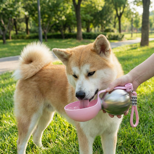 Shiba inu drinking from the pink travel bottle's silicone bowl on a grass path
