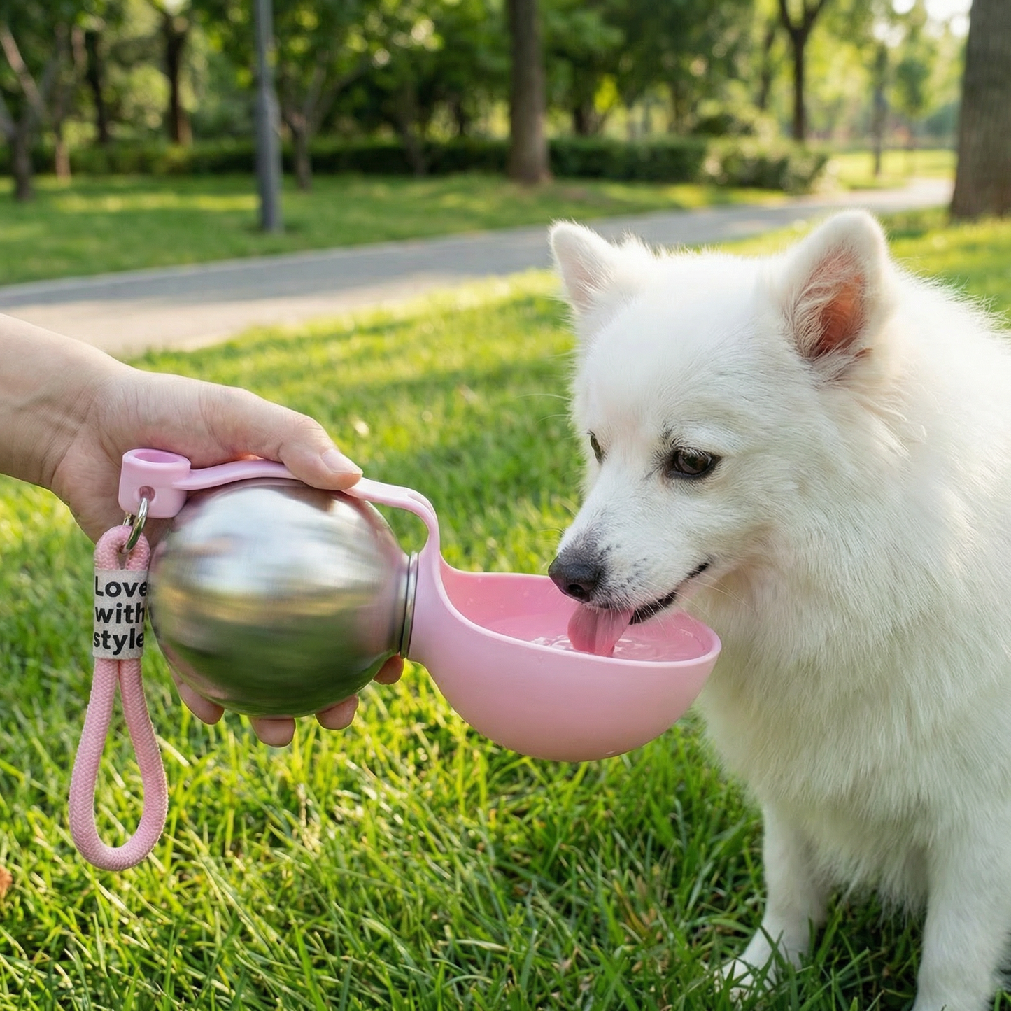 White samoyed drinking from the pink travel bottle held in a hand outdoors