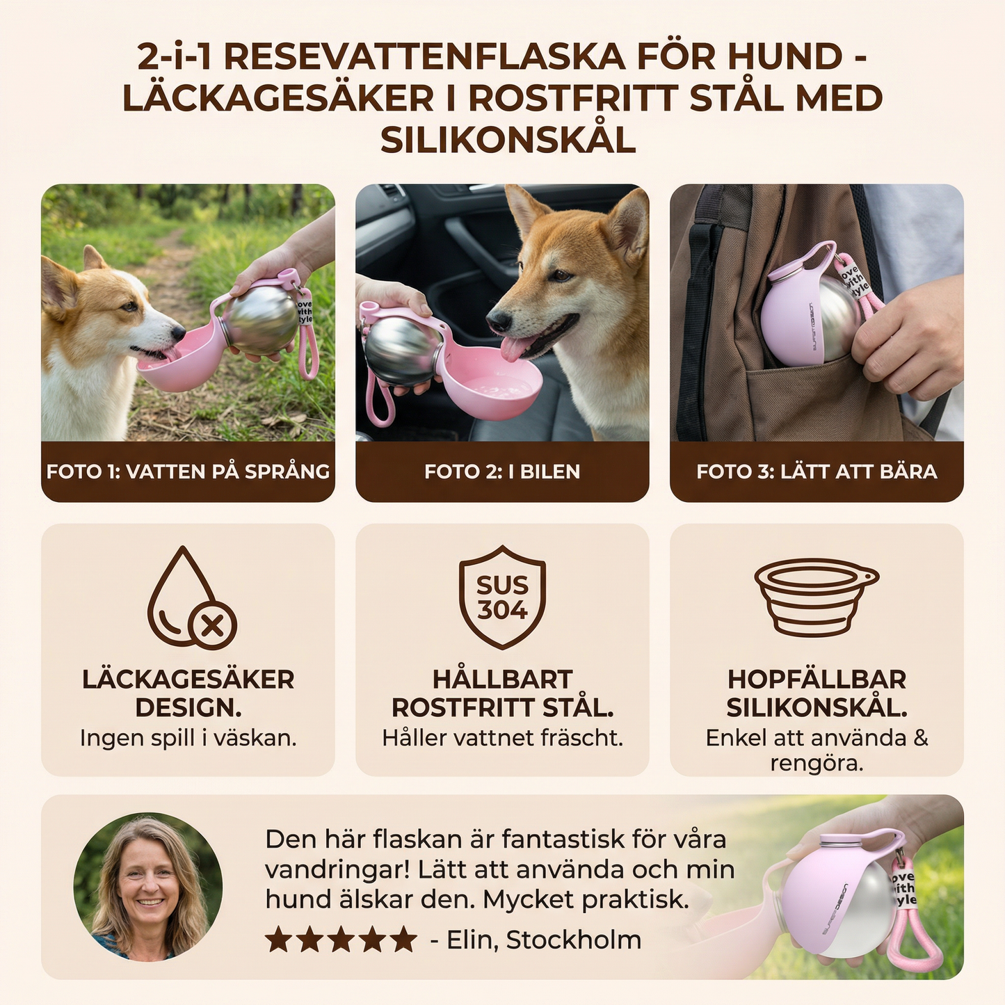 Swedish information card about the travel bottle with photos and a customer quote