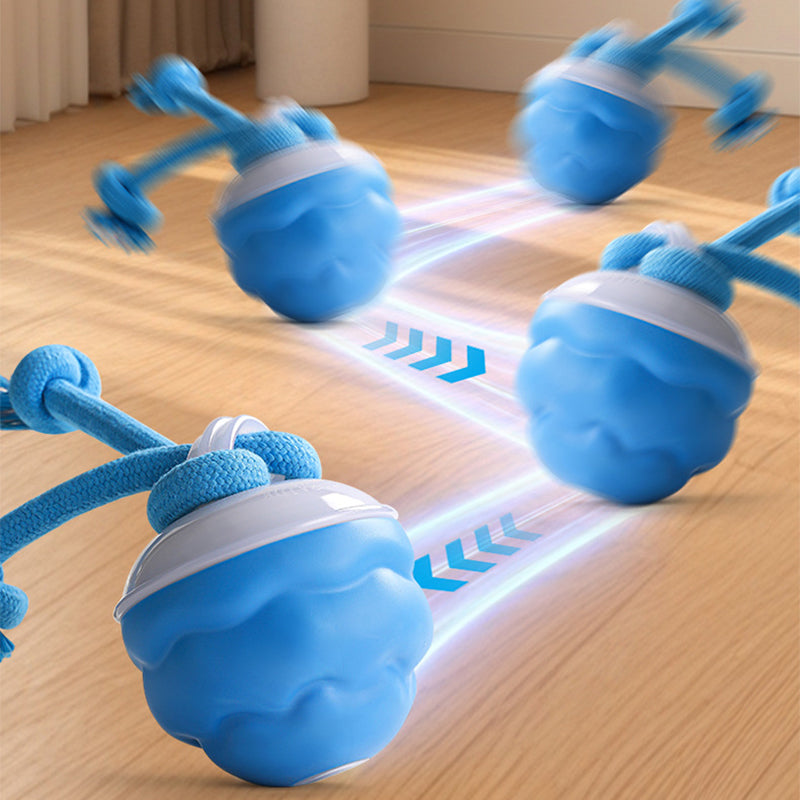 Three views of the blue rolling ball tracing its path across a wooden floor