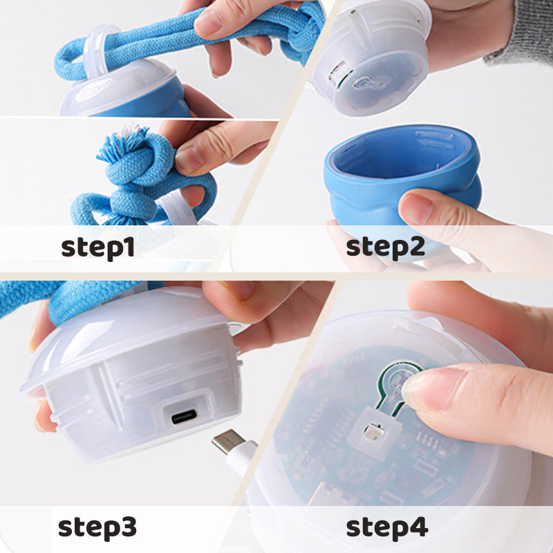 Four-step guide to removing the rope, opening the ball and charging it by USB