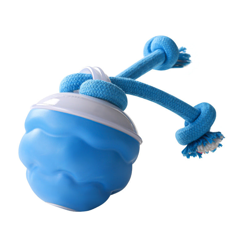Blue rolling ball with its blue rope tug on a white background