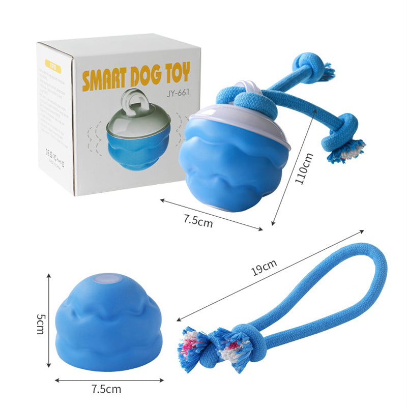 Retail box labelled Smart Dog Toy with dimensions: ball 7.5 cm wide, 11 cm tall, rope 19 cm